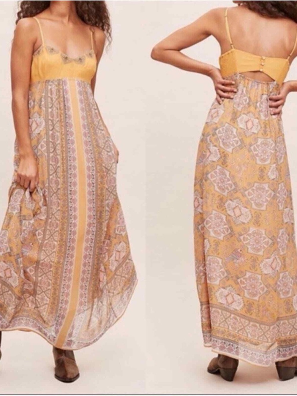 Anthropologie Calida Boho Printed Maxi Dress Mustard Size 10